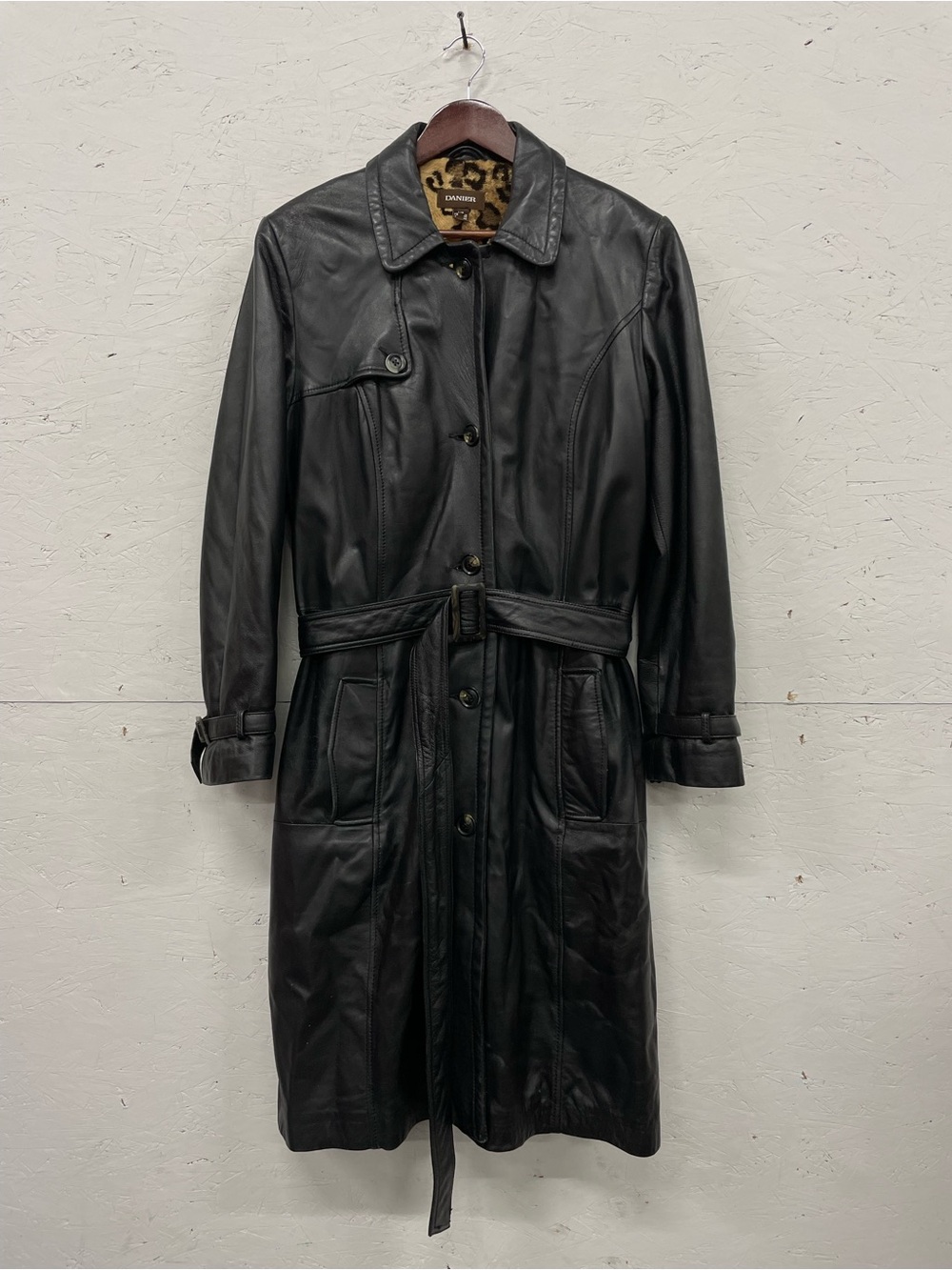 Vintage Danier Genuine Leather Trench Coat Leopard Lining Black Y2K, Size L